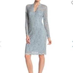 Marina Elegant Sequins Body Cone Lace Knee Length Dress Light Blue Prom Wedding